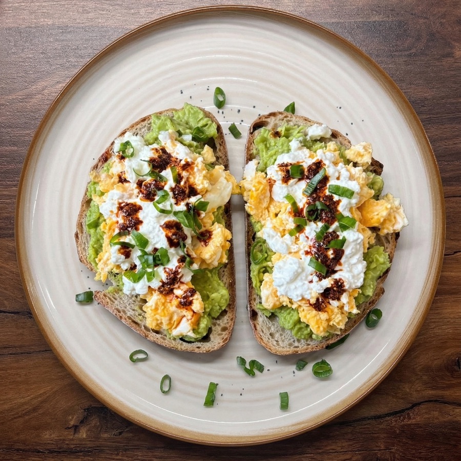 Două felii de pâine cu avocado, ou și brânză cottage, cu ceapă verde și ulei de chili