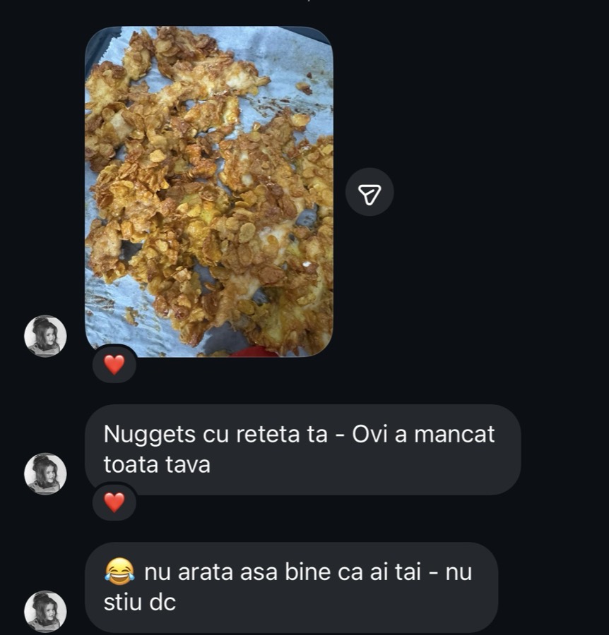 Mesaj primit: nuggets facuti dupa rețeta, „Ovi a mâncat toată tava”