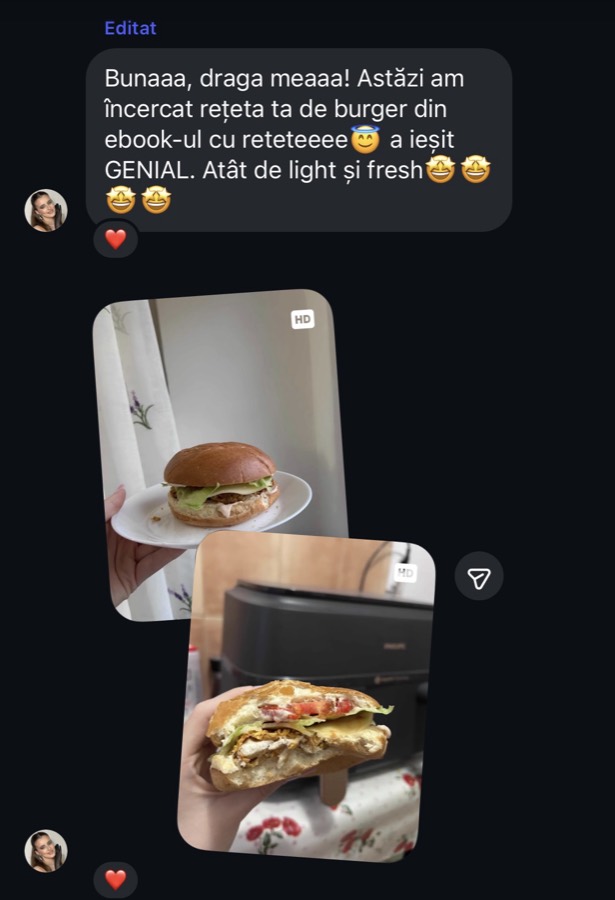 Mesaj primit: burger din ebook-ul de rețete, „a ieșit GENIAL, atât de light și fresh”